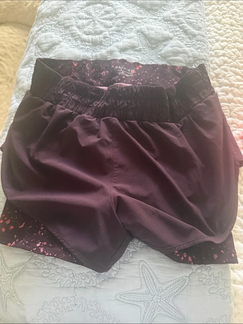 Athleta Dark Plum Shorts with Pink and Coral Speckle